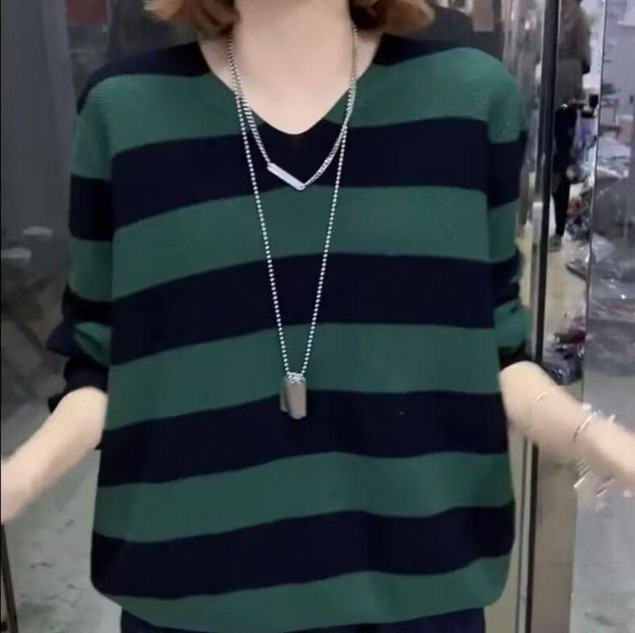 2024新款秋冬季寬鬆條紋針織毛衣女士打底衫 2024新款秋冬季寬鬆條紋針織毛衣女士打底衫